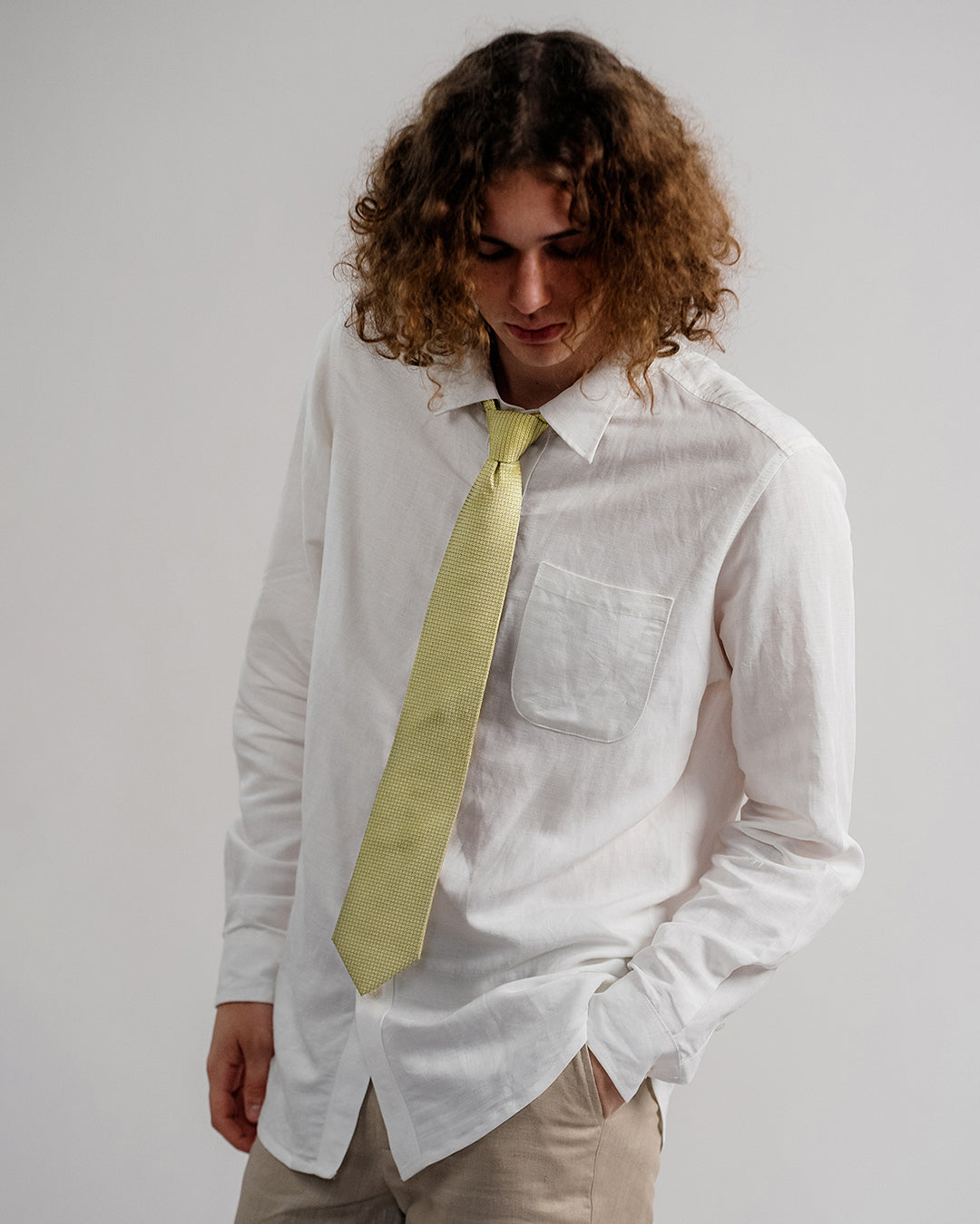 Line Square Pattern Silk Necktie / Lime Yellow / Band 8cm / 3.2in