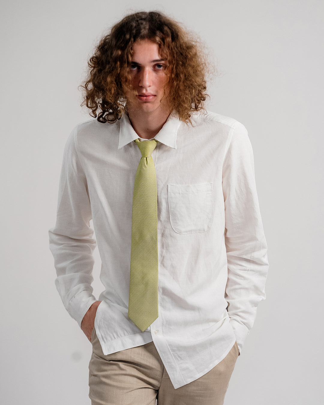 Line Square Pattern Silk Necktie / Lime Yellow / Band 8cm / 3.2in