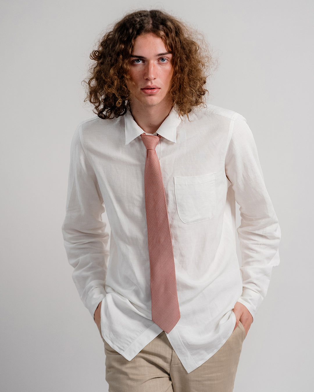 Line Square Pattern Silk Necktie / Pastel Red / Band 8cm / 3.2in