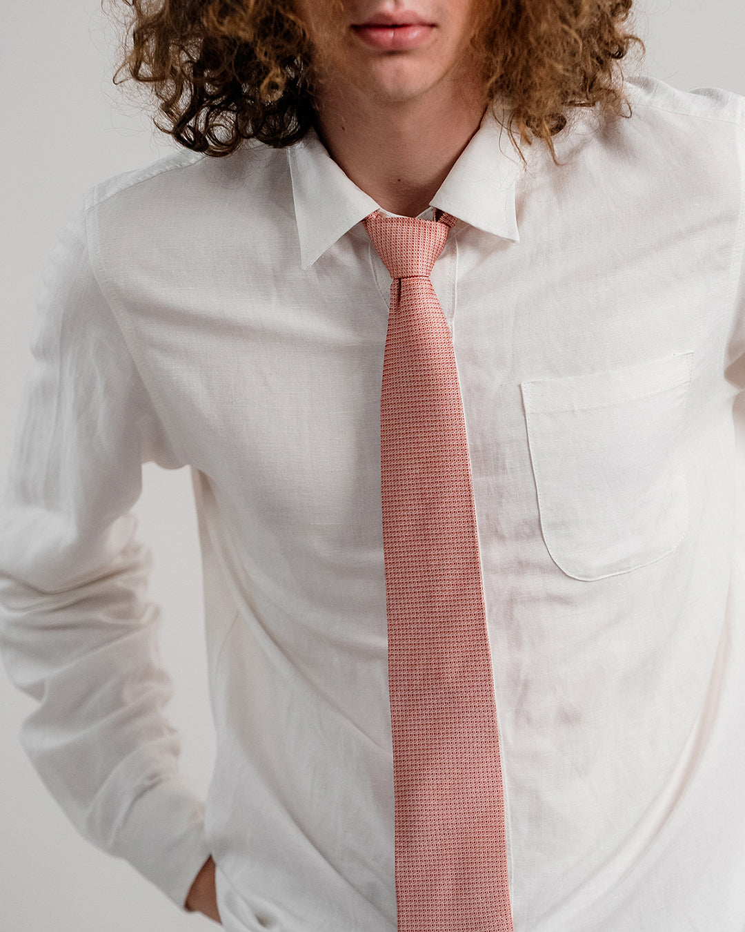Line Square Pattern Silk Necktie / Pastel Red / Band 8cm / 3.2in