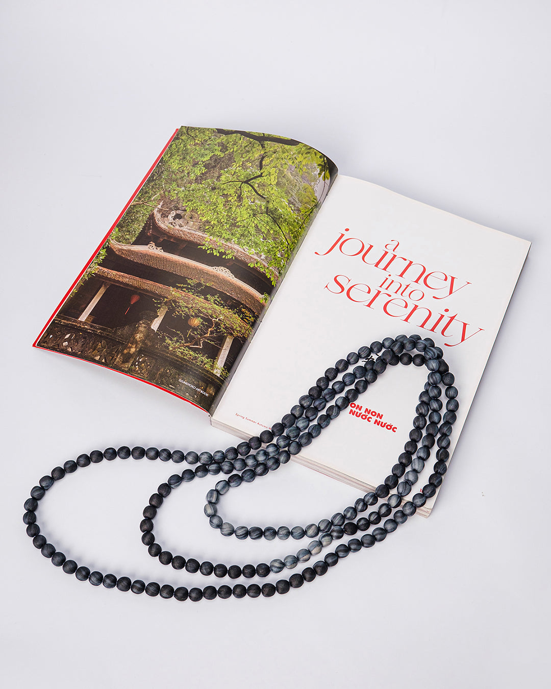 Marble Silk Wrapped Bead Necklace / Black & Grey / 110cm / 44in