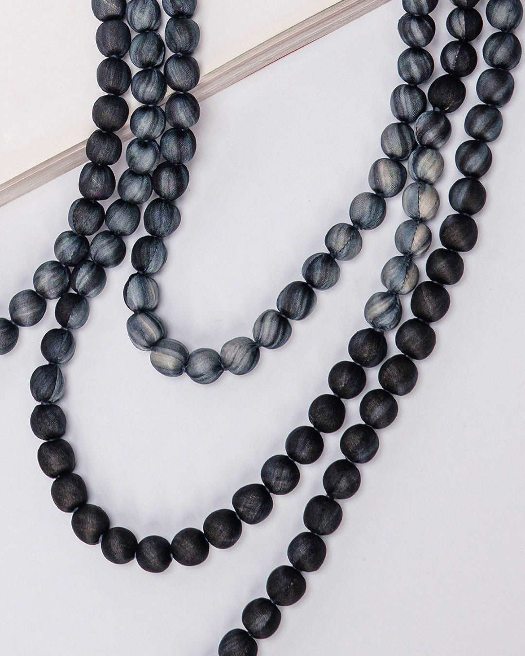 Marble Silk Wrapped Bead Necklace / Black & Grey / 110cm / 44in