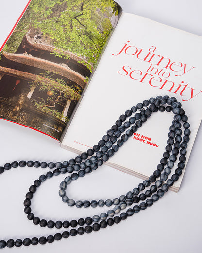 Marble Silk Wrapped Bead Necklace / Black & Grey / 110cm / 44in