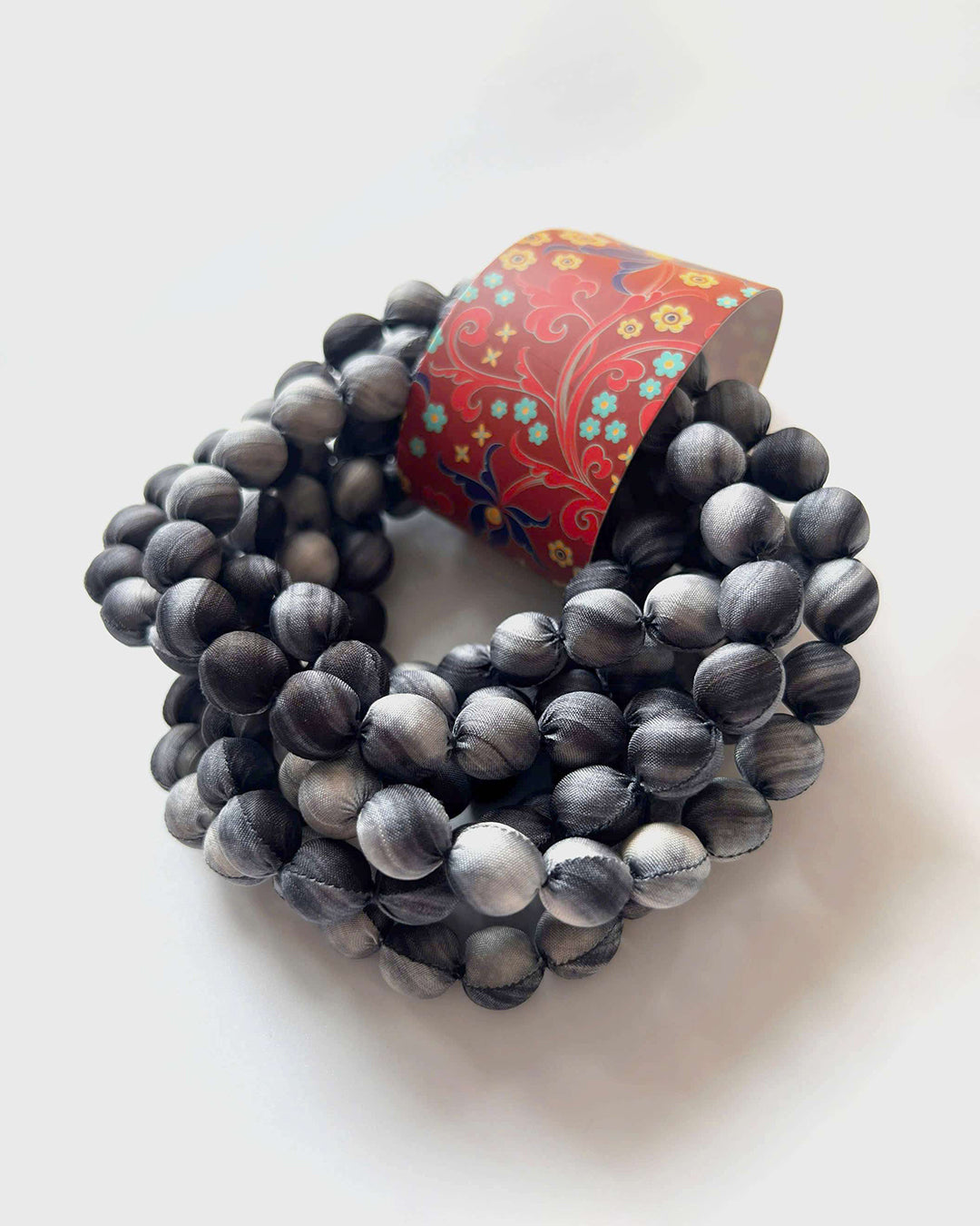 Marble Silk Wrapped Bead Necklace / Black & Grey / 110cm / 44in