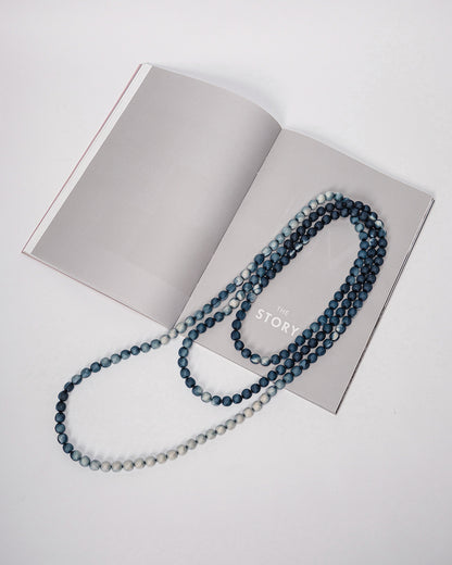 Marble Silk Wrapped Bead Necklace / Dark Indigo & White / 110cm / 44in