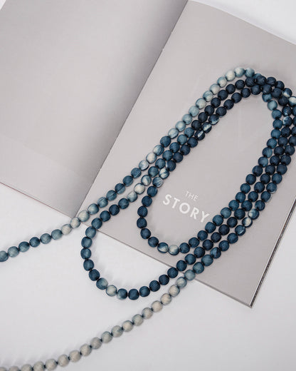Marble Silk Wrapped Bead Necklace / Dark Indigo & White / 110cm / 44in