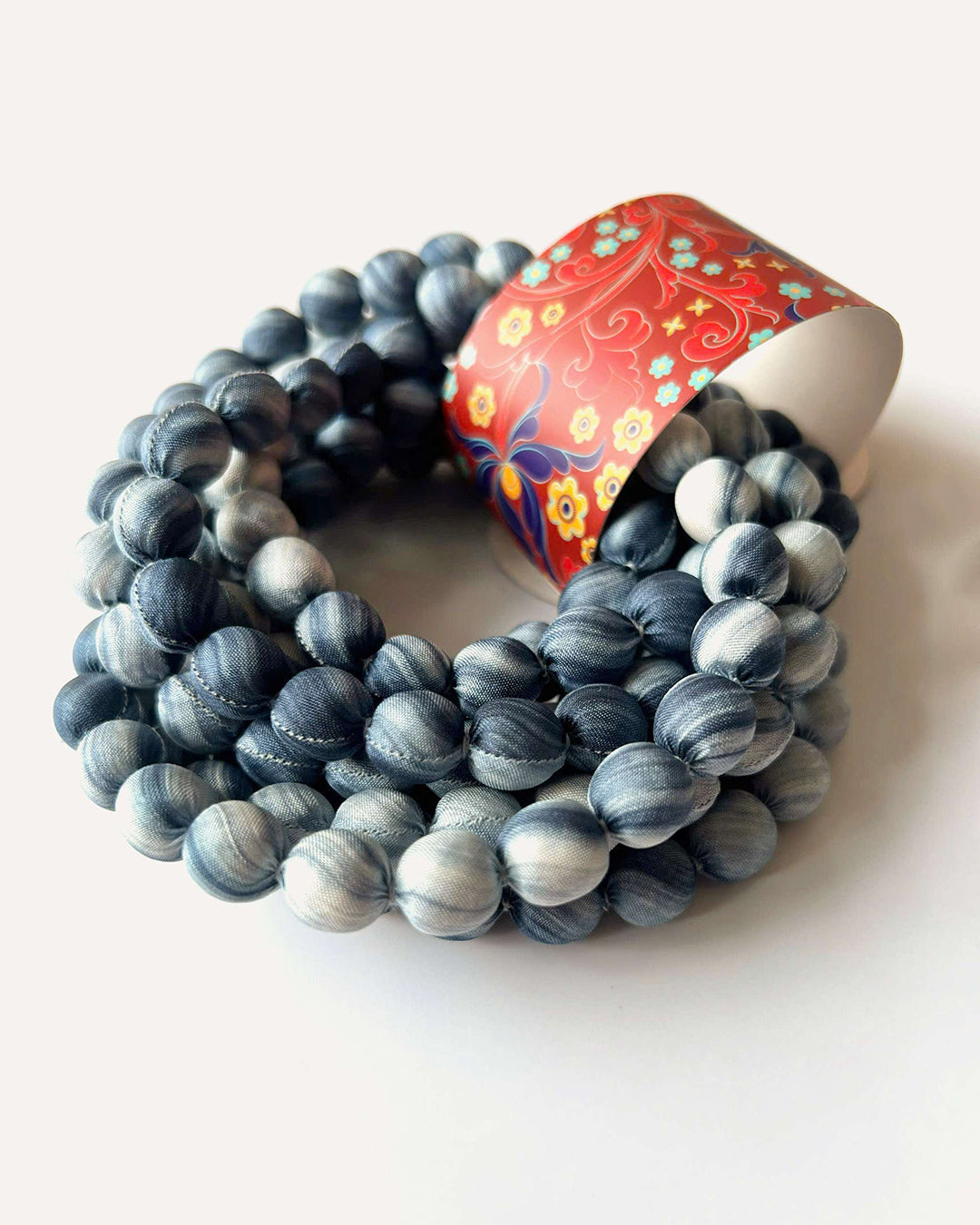 Marble Silk Wrapped Bead Necklace / Dark Indigo & White / 110cm / 44in