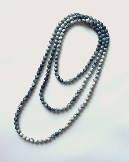 Marble Silk Wrapped Bead Necklace / Dark Indigo & White / 110cm / 44in