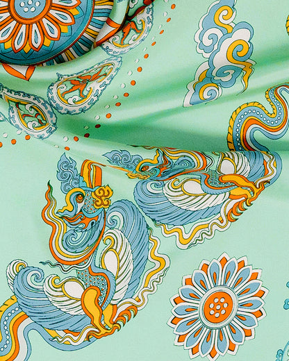 Phoenix Dance Silk Scarf / Green / 55x55cm / 22x22in