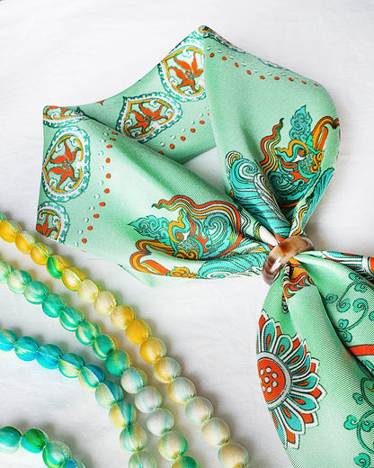 Phoenix Dance Silk Scarf / Green / 55x55cm / 22x22in