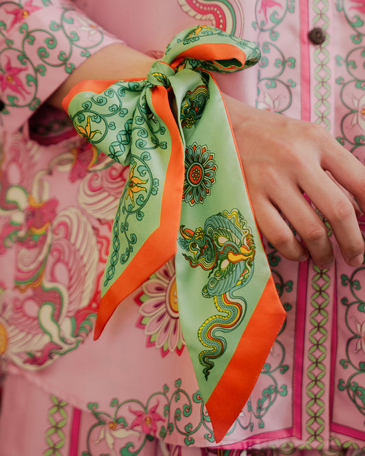 Phoenix Dance Silk Skinny Scarf / Green / 6x106cm / 2.4x44in