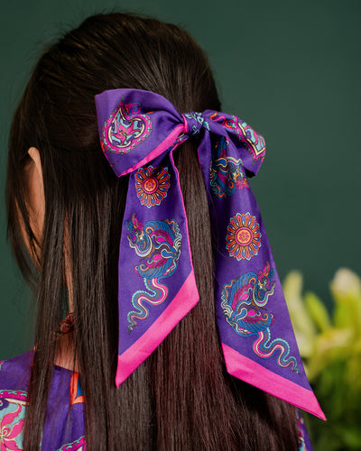 Purple Phoenix Dance silk twilly, 2.6 x 59 inches