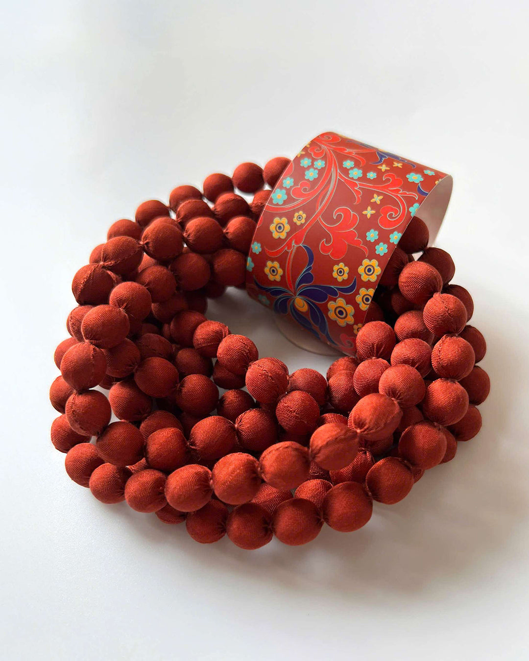 Plain Silk Wrapped Bead Necklace / Dark Red / 110cm / 44in