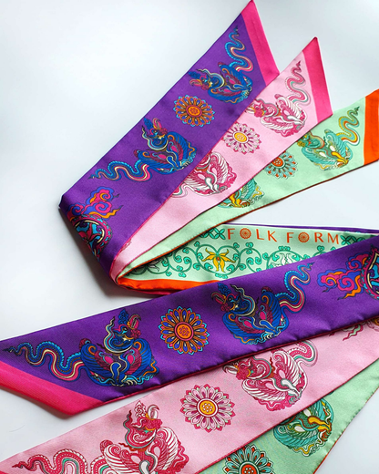Phoenix Dance Silk Skinny Scarf / 6x106cm / 2.4x44in