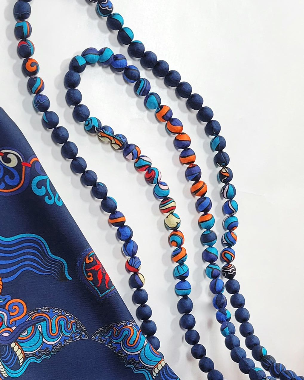 Printed Silk Wrapped Bead Necklace / Navy Blue / 110cm / 44in