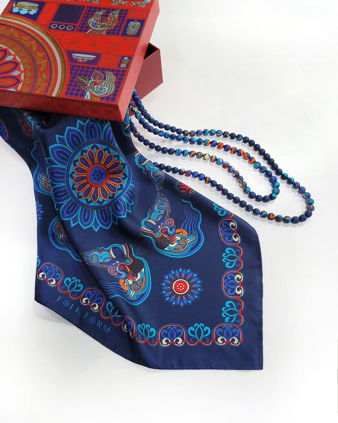 Printed Silk Wrapped Bead Necklace / Navy Blue / 110cm / 44in