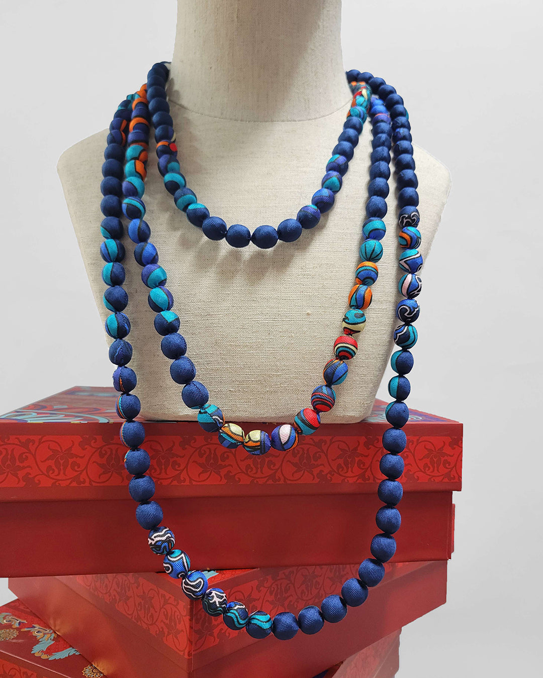 Printed Silk Wrapped Bead Necklace / Navy Blue / 110cm / 44in