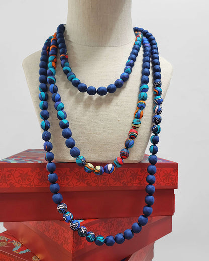 Printed Silk Wrapped Bead Necklace / Navy Blue / 110cm / 44in