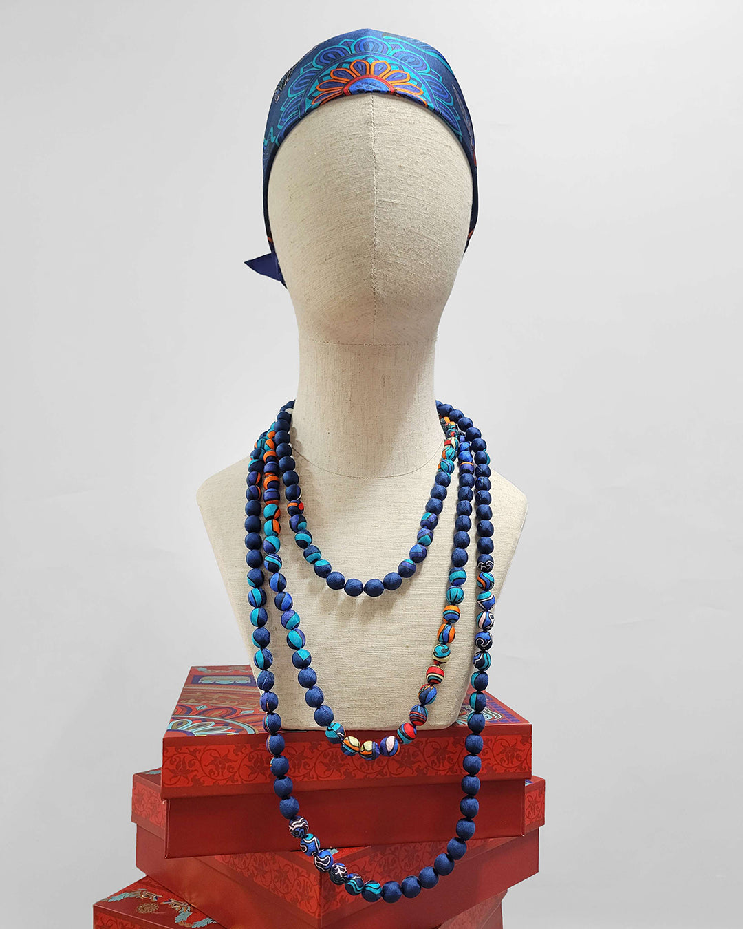 Printed Silk Wrapped Bead Necklace / Navy Blue / 110cm / 44in