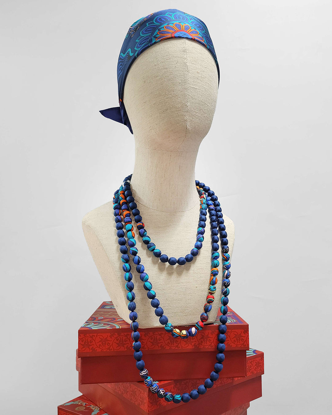 Printed Silk Wrapped Bead Necklace / Navy Blue / 110cm / 44in
