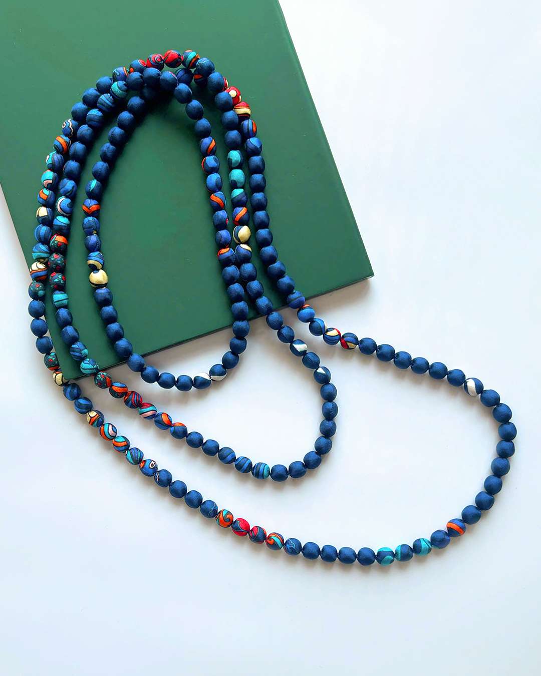 Printed Silk Wrapped Bead Necklace / Navy Blue / 110cm / 44in