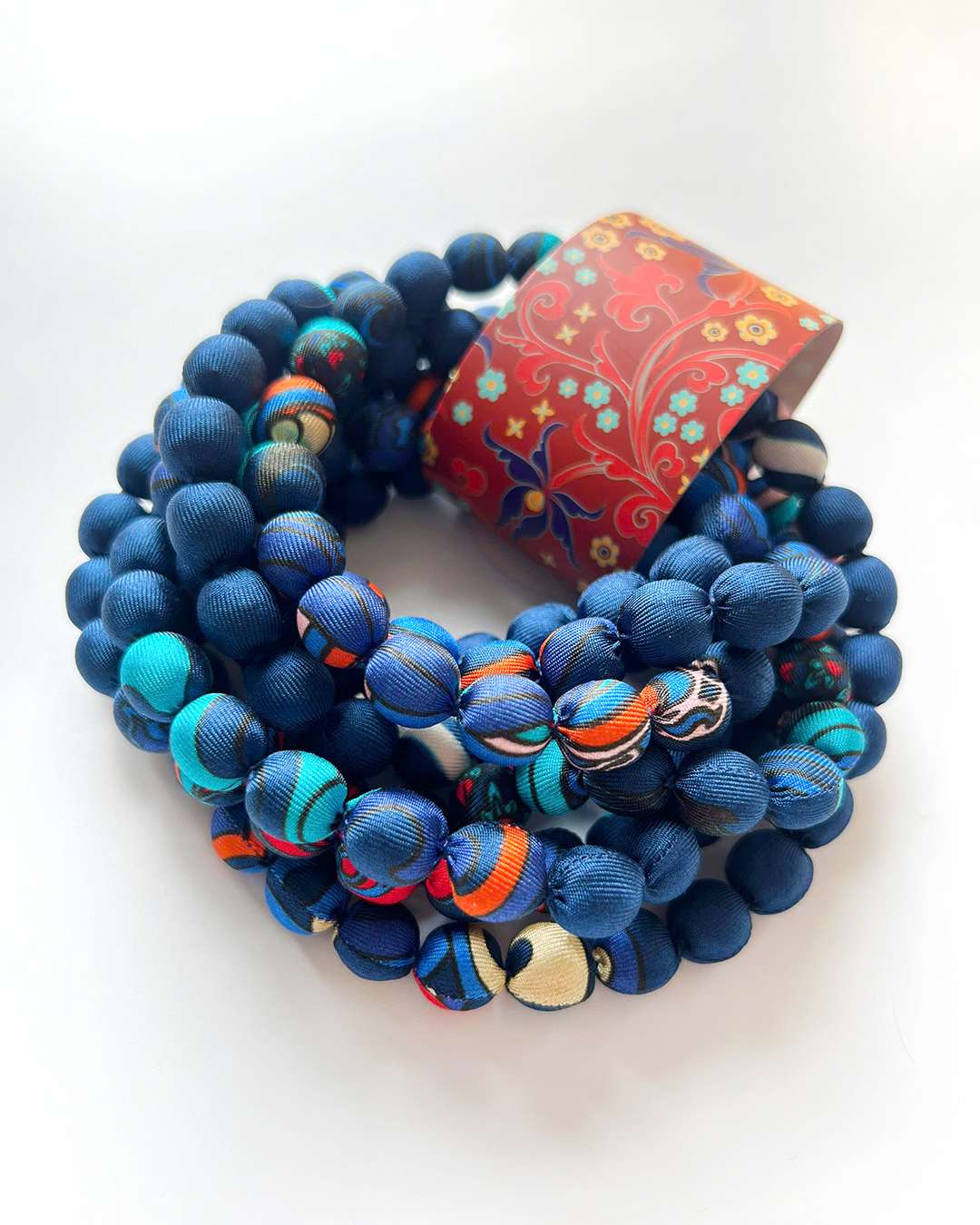 Printed Silk Wrapped Bead Necklace / Navy Blue / 110cm / 44in