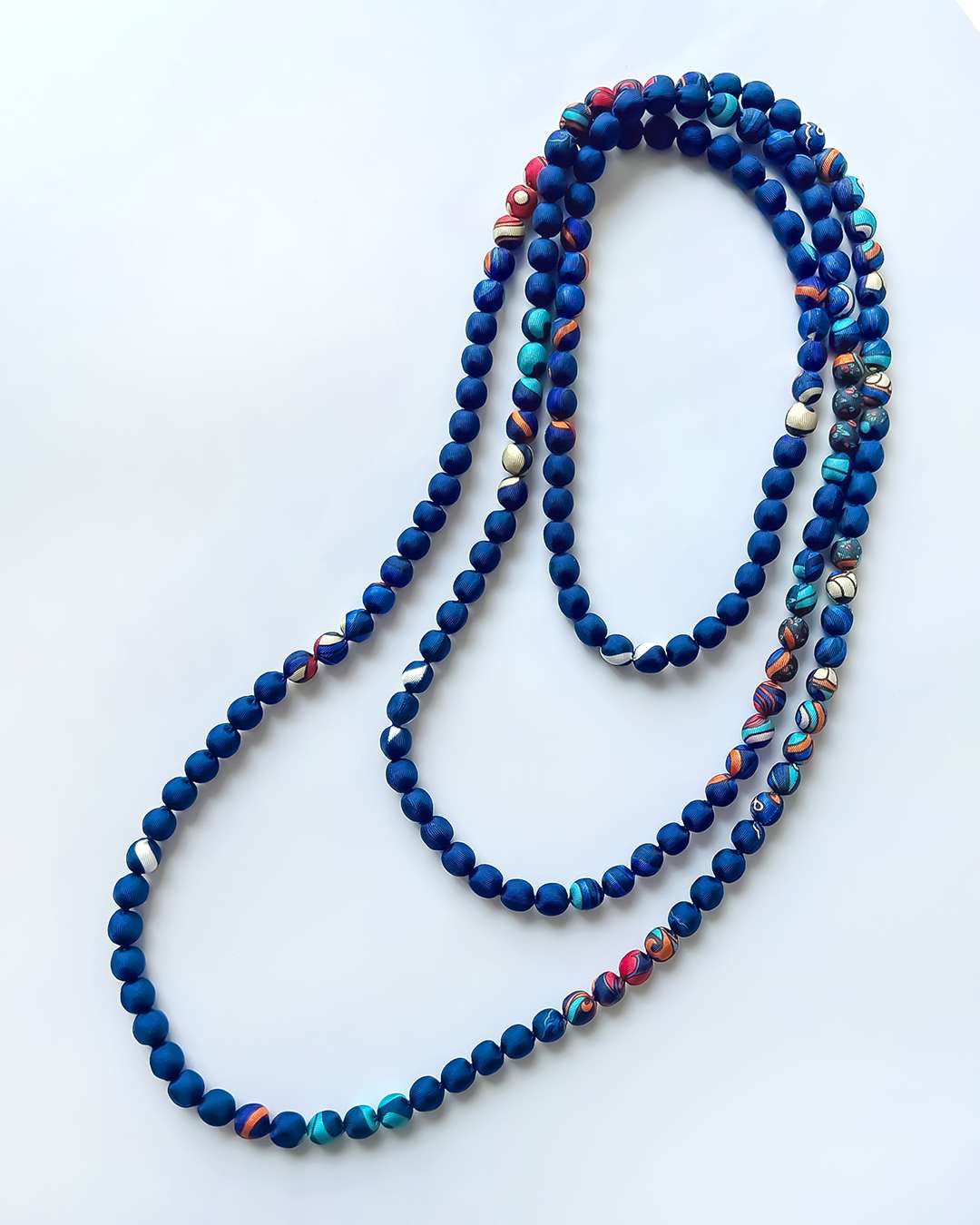 Printed Silk Wrapped Bead Necklace / Navy Blue / 110cm / 44in