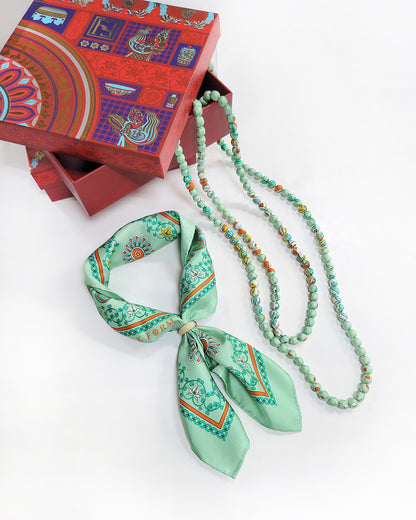 Printed Silk Wrapped Bead Necklace / Pastel Green / 110cm / 44in