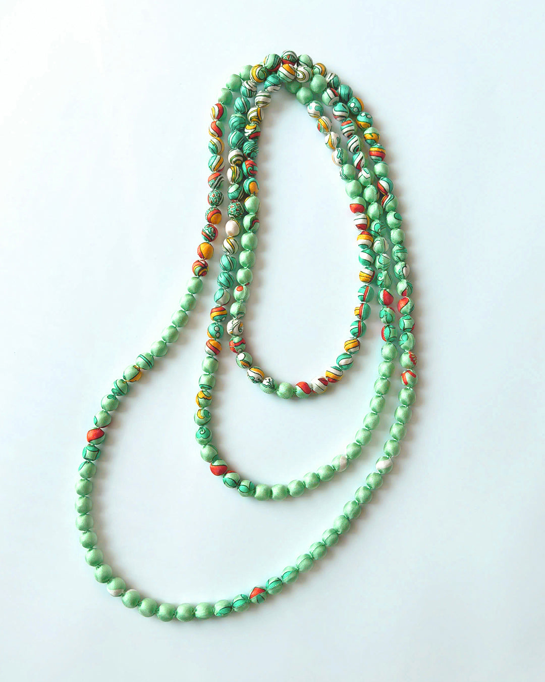 Printed Silk Wrapped Bead Necklace / Pastel Green / 110cm / 44in