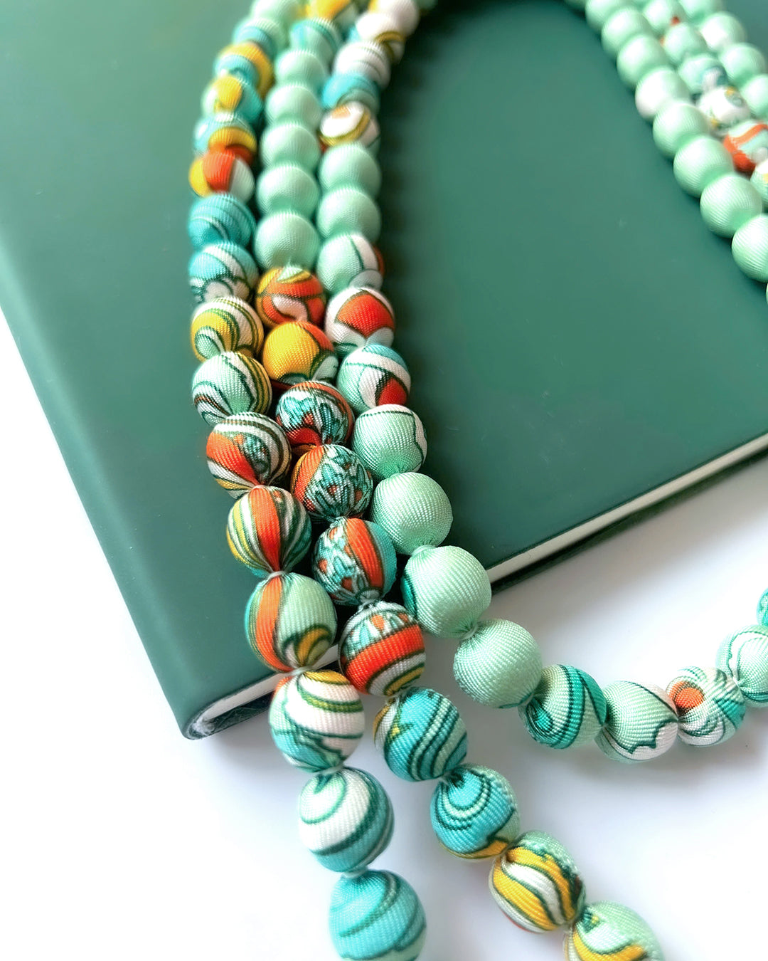Printed Silk Wrapped Bead Necklace / Pastel Green / 110cm / 44in