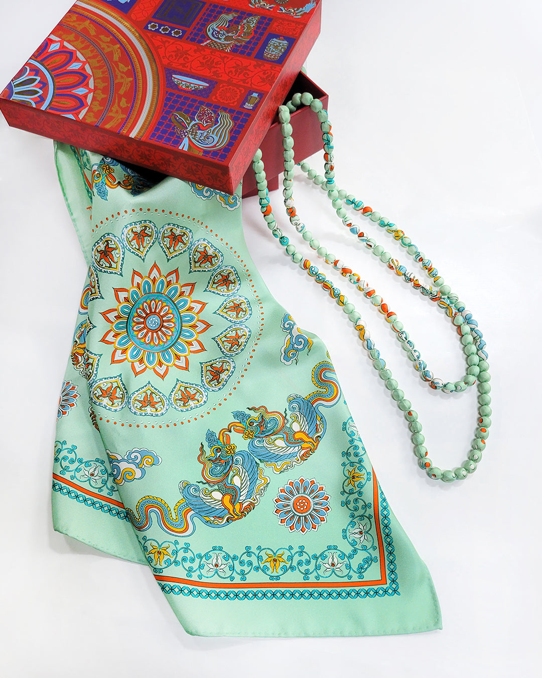 Printed Silk Wrapped Bead Necklace / Pastel Green / 110cm / 44in