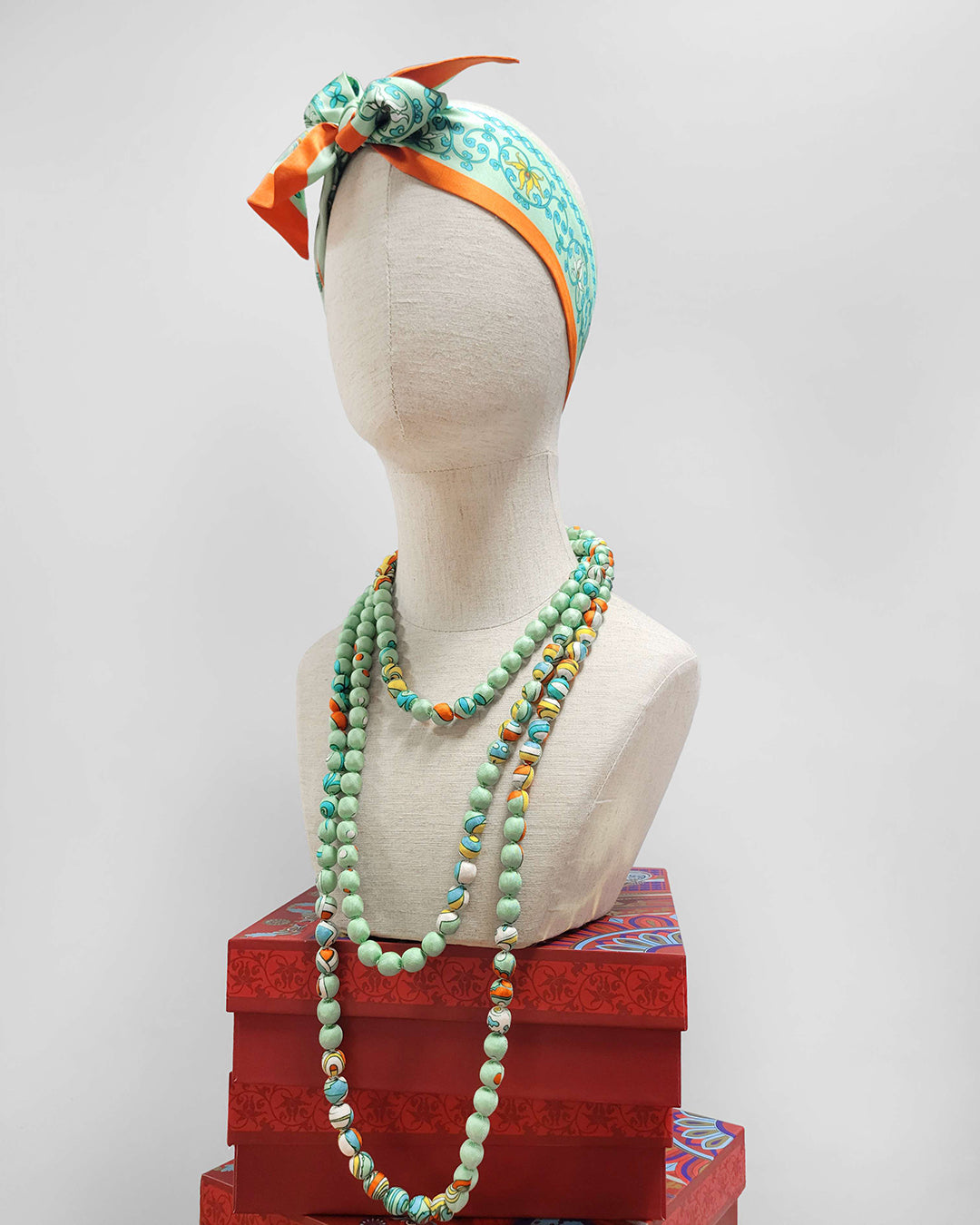 Printed Silk Wrapped Bead Necklace / Pastel Green / 110cm / 44in