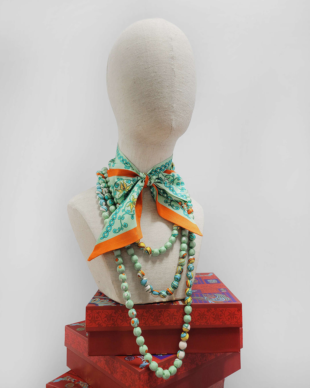 Printed Silk Wrapped Bead Necklace / Pastel Green / 110cm / 44in