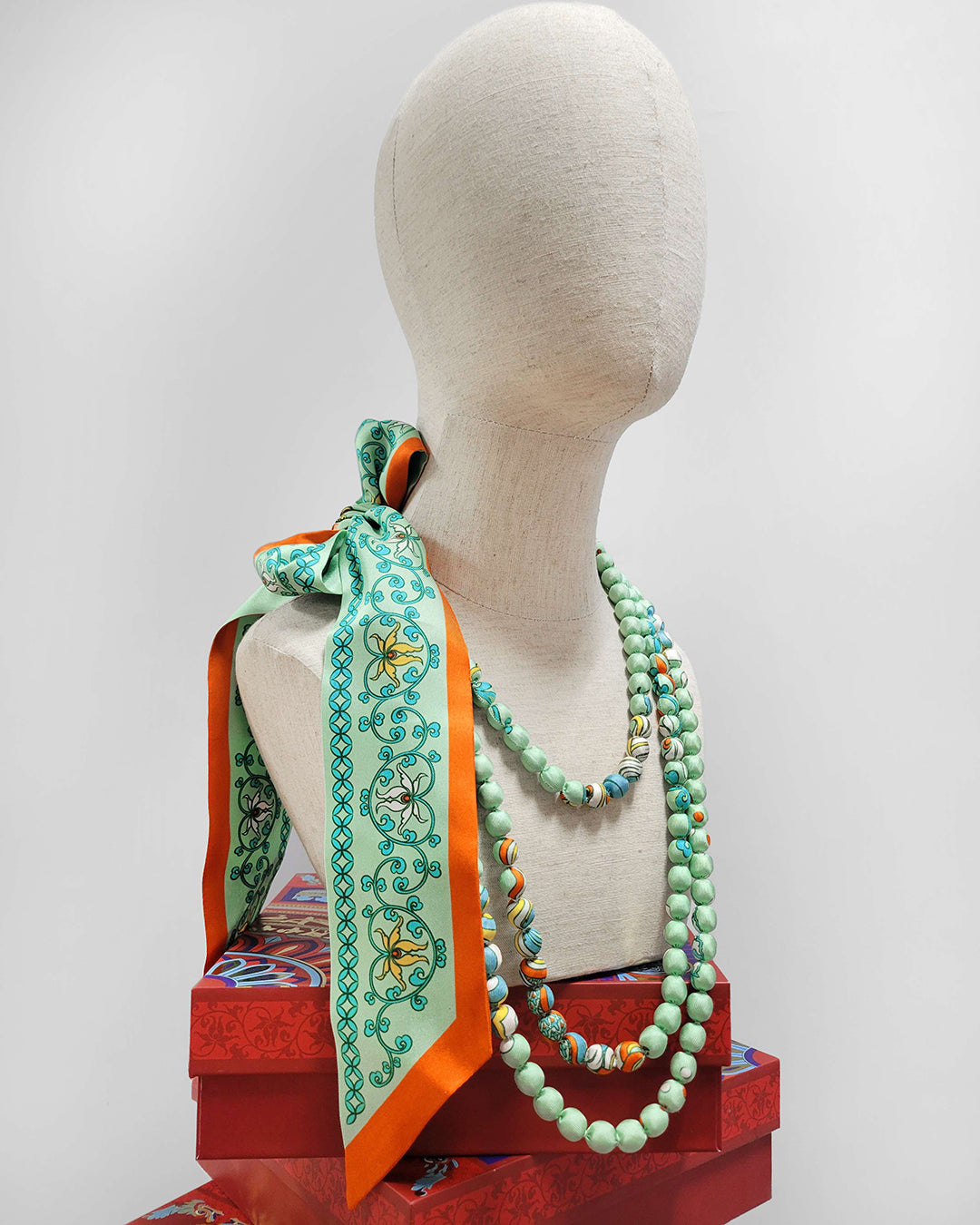 Printed Silk Wrapped Bead Necklace / Pastel Green / 110cm / 44in