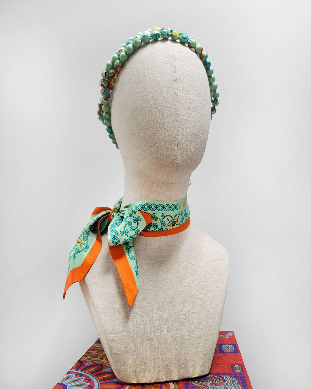 Printed Silk Wrapped Bead Necklace / Pastel Green / 110cm / 44in