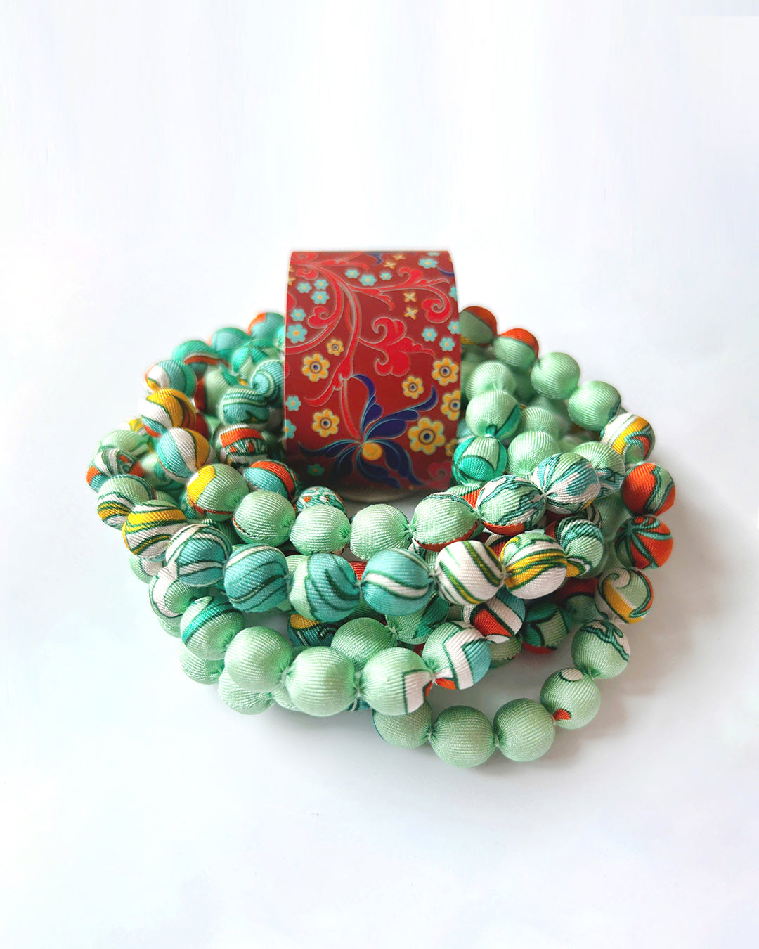 Printed Silk Wrapped Bead Necklace / Pastel Green / 110cm / 44in
