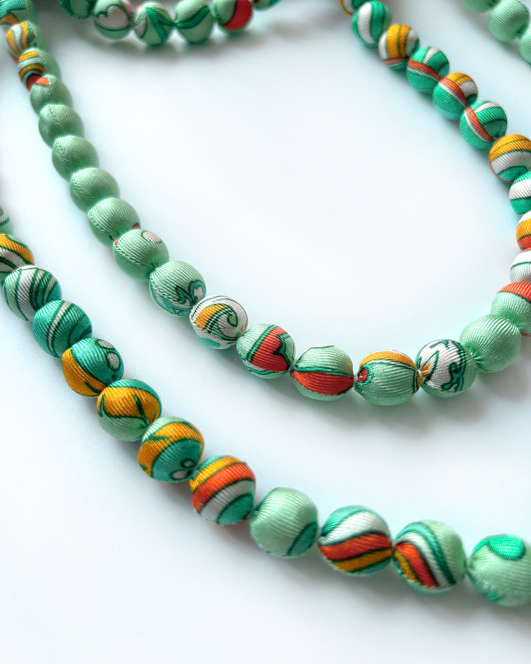 Printed Silk Wrapped Bead Necklace / Pastel Green / 110cm / 44in