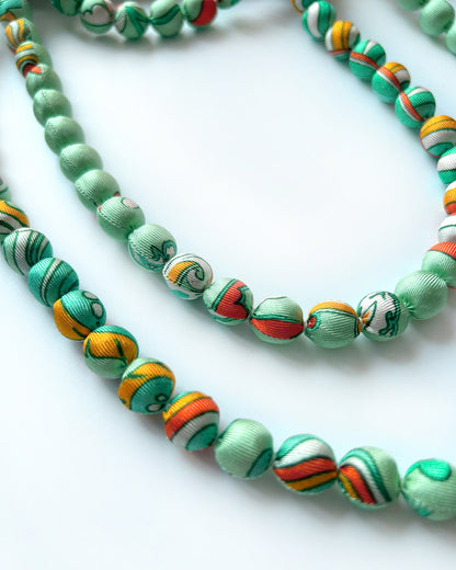 Printed Silk Wrapped Bead Necklace / Pastel Green / 110cm / 44in