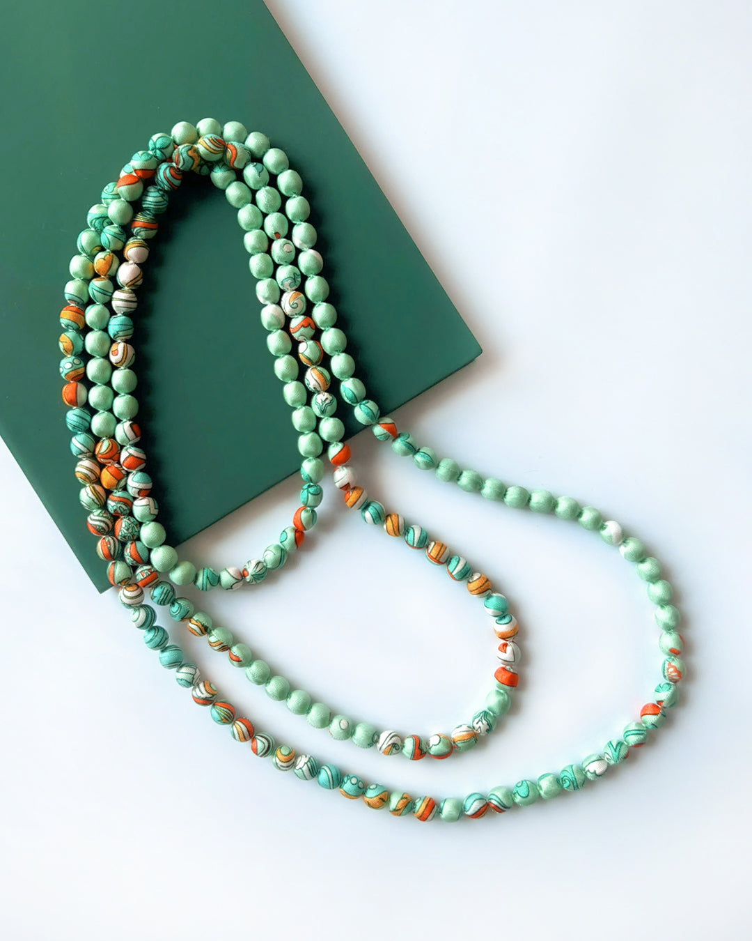 Printed Silk Wrapped Bead Necklace / Pastel Green / 110cm / 44in
