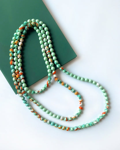Printed Silk Wrapped Bead Necklace / 110cm / 44in