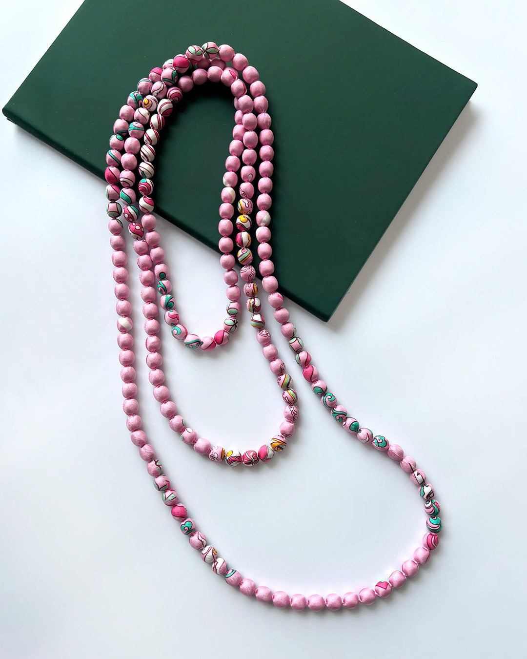 Printed Silk Wrapped Bead Necklace / 110cm / 44in