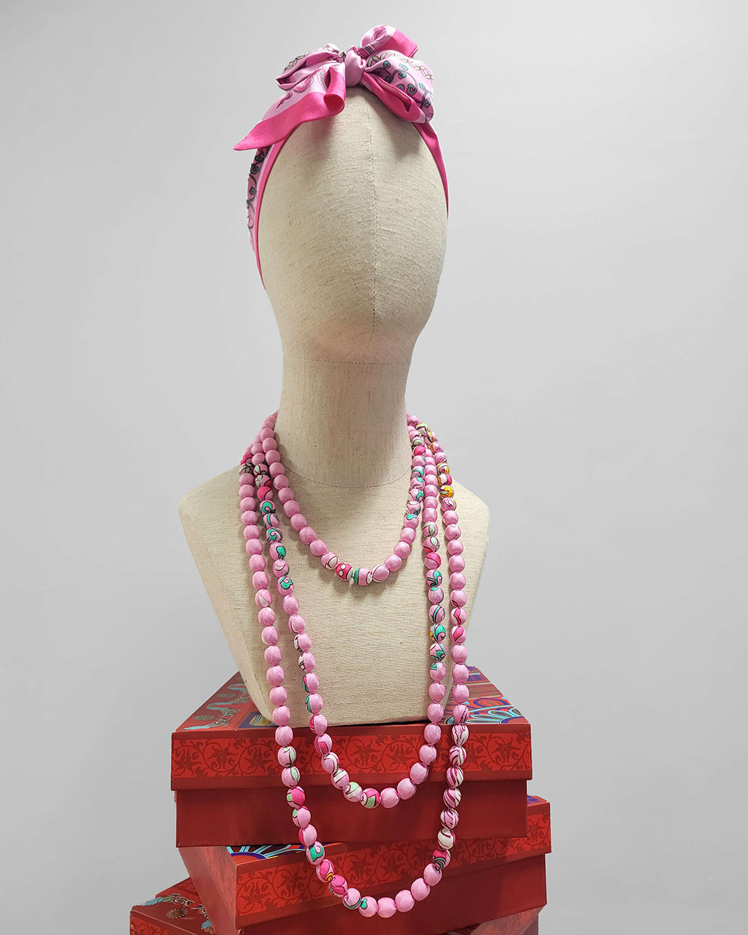Printed Silk Wrapped Bead Necklace / Pastel Pink / 110cm / 44in