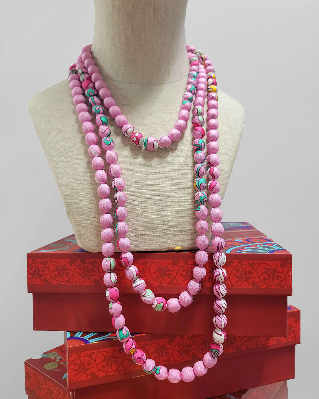 Printed Silk Wrapped Bead Necklace / Pastel Pink / 110cm / 44in