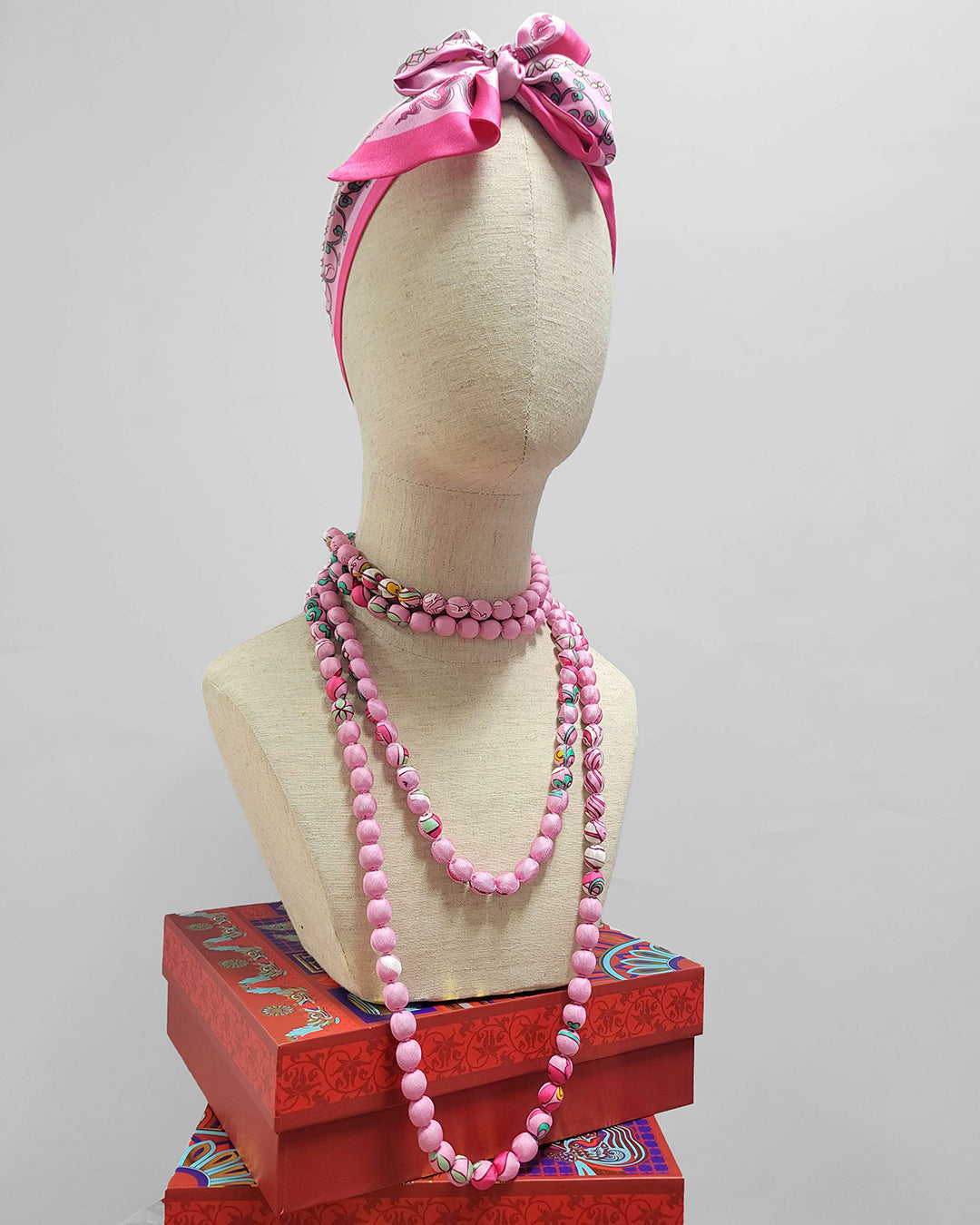 Printed Silk Wrapped Bead Necklace / 110cm / 44in