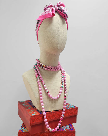 Printed Silk Wrapped Bead Necklace / 110cm / 44in