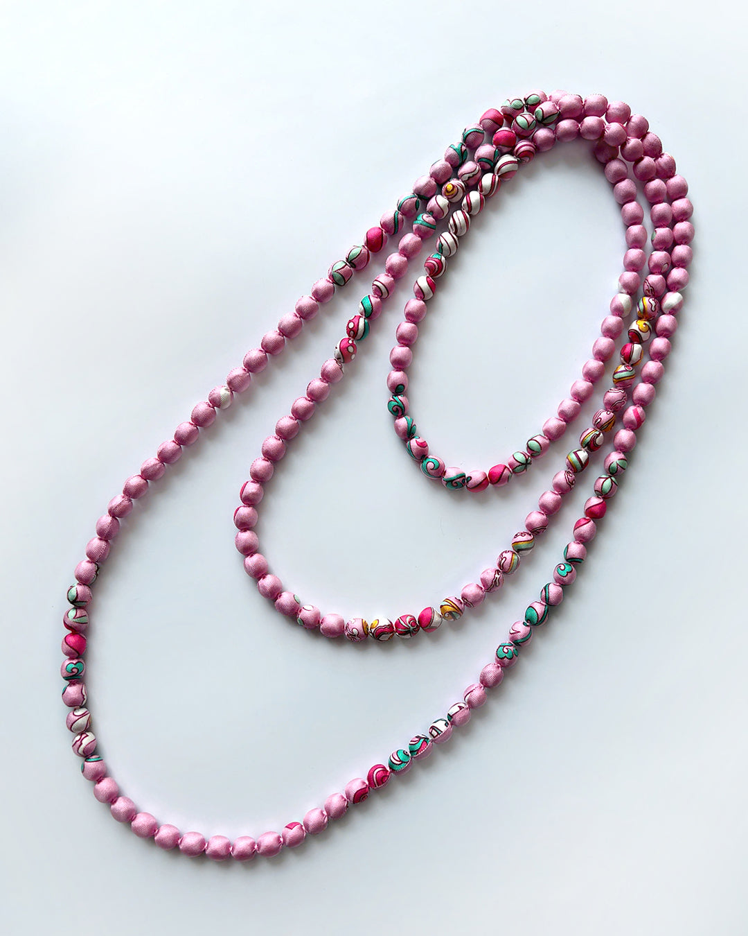 Printed Silk Wrapped Bead Necklace / Pastel Pink / 110cm / 44in