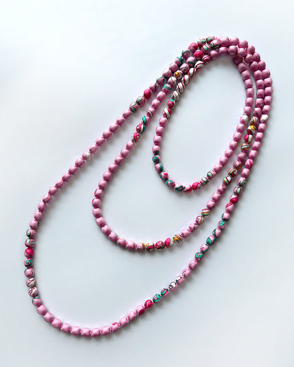 Printed Silk Wrapped Bead Necklace / Pastel Pink / 110cm / 44in