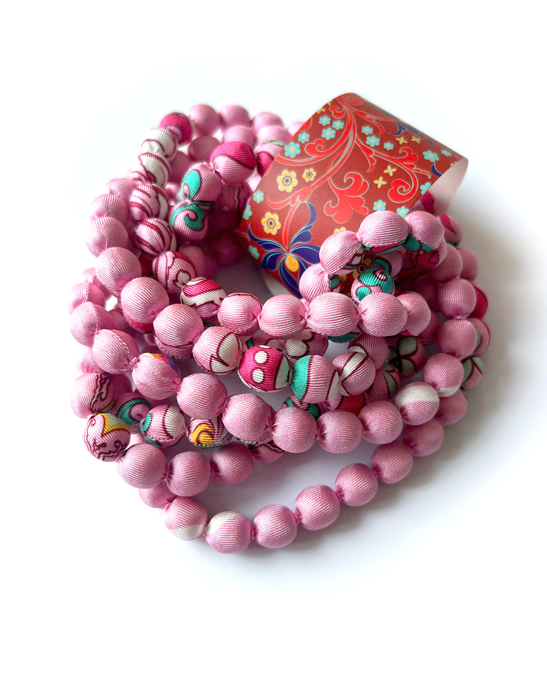 Printed Silk Wrapped Bead Necklace / 110cm / 44in