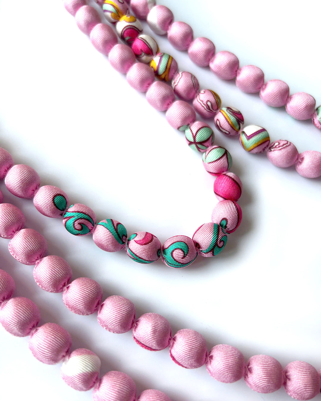 Printed Silk Wrapped Bead Necklace / Pastel Pink / 110cm / 44in
