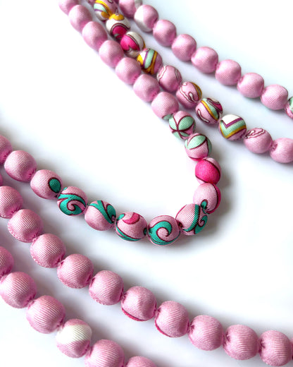Printed Silk Wrapped Bead Necklace / Pastel Pink / 110cm / 44in